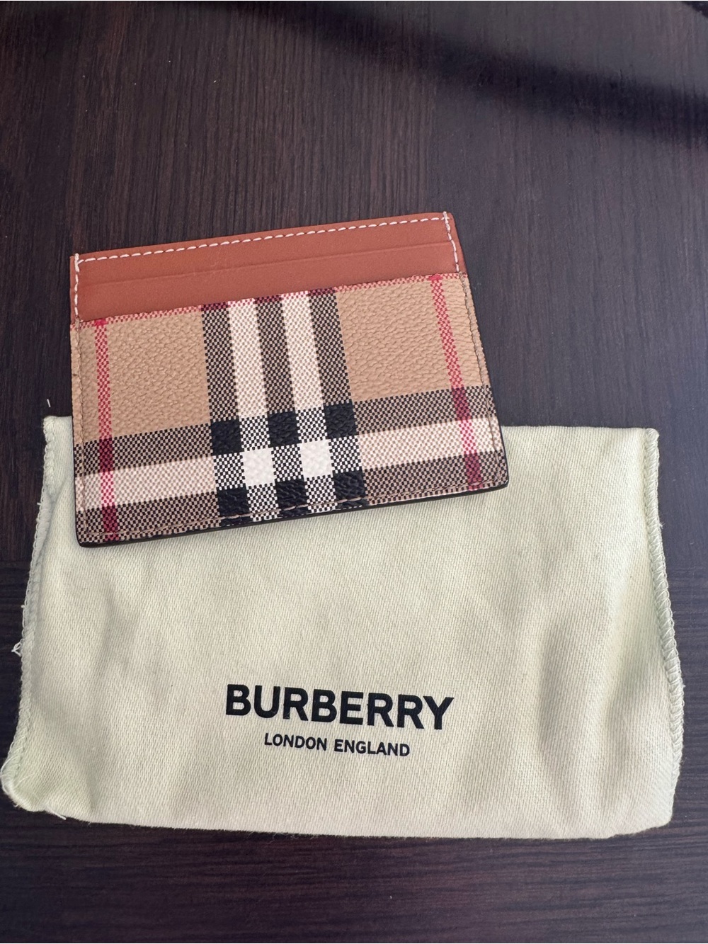 Burberry Tan & Beige Classic Check Card Holder with Brown Trim